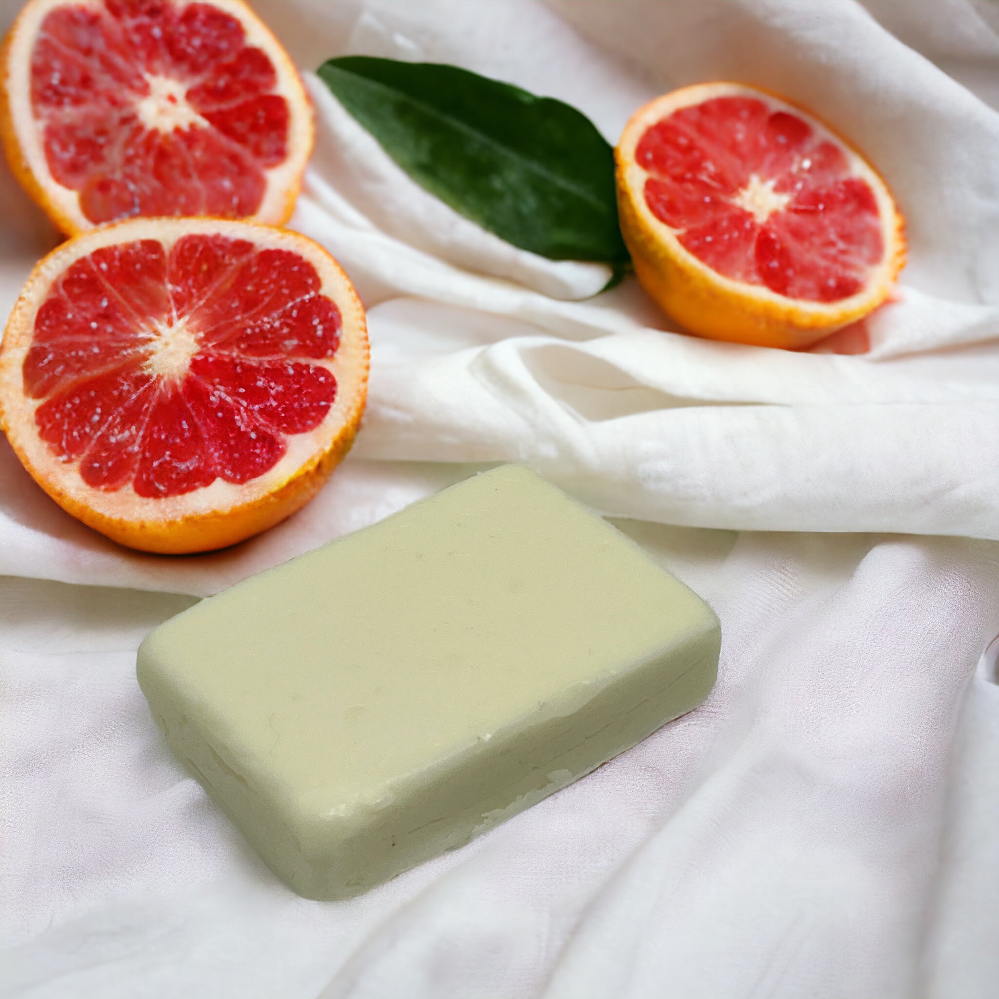 A green Nourish Natural Conditioner Bar by Crown of Glory, infused with avocado oil, rests on soft white fabric, surrounded by halved grapefruits and a green leaf. The scene evokes a fresh and natural vibe.