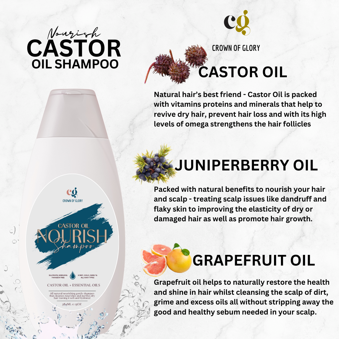 A bottle of Crown of Glory's Nourish Castor Oil Shampoo is displayed, showcasing its nourishing sulphate-free formula with castor oil for hair health, juniperberry oil for scalp nourishment, and grapefruit oil for natural shine and sebum balance.
