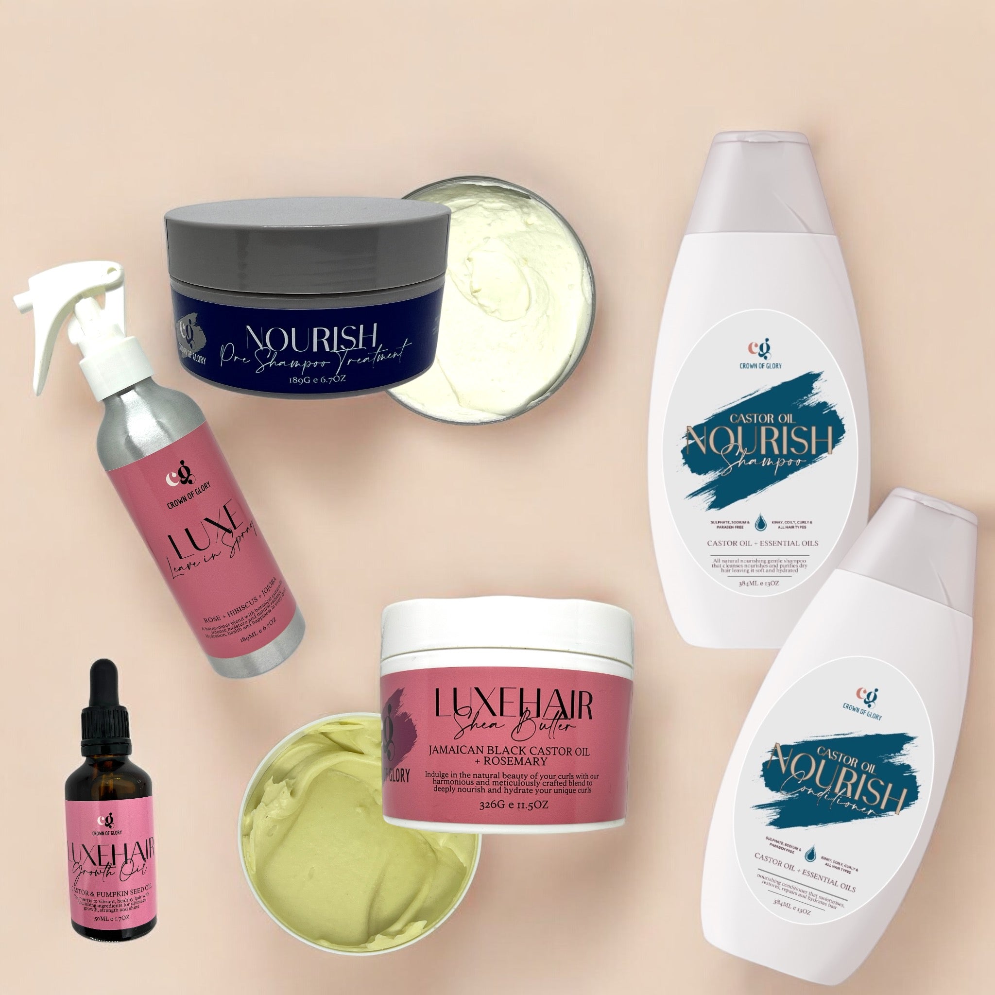 A collection of hair care products from Crown of Glory, including shampoo, conditioner, pre-shampoo treatment, hair butter, and growth oil. Natural hair care.